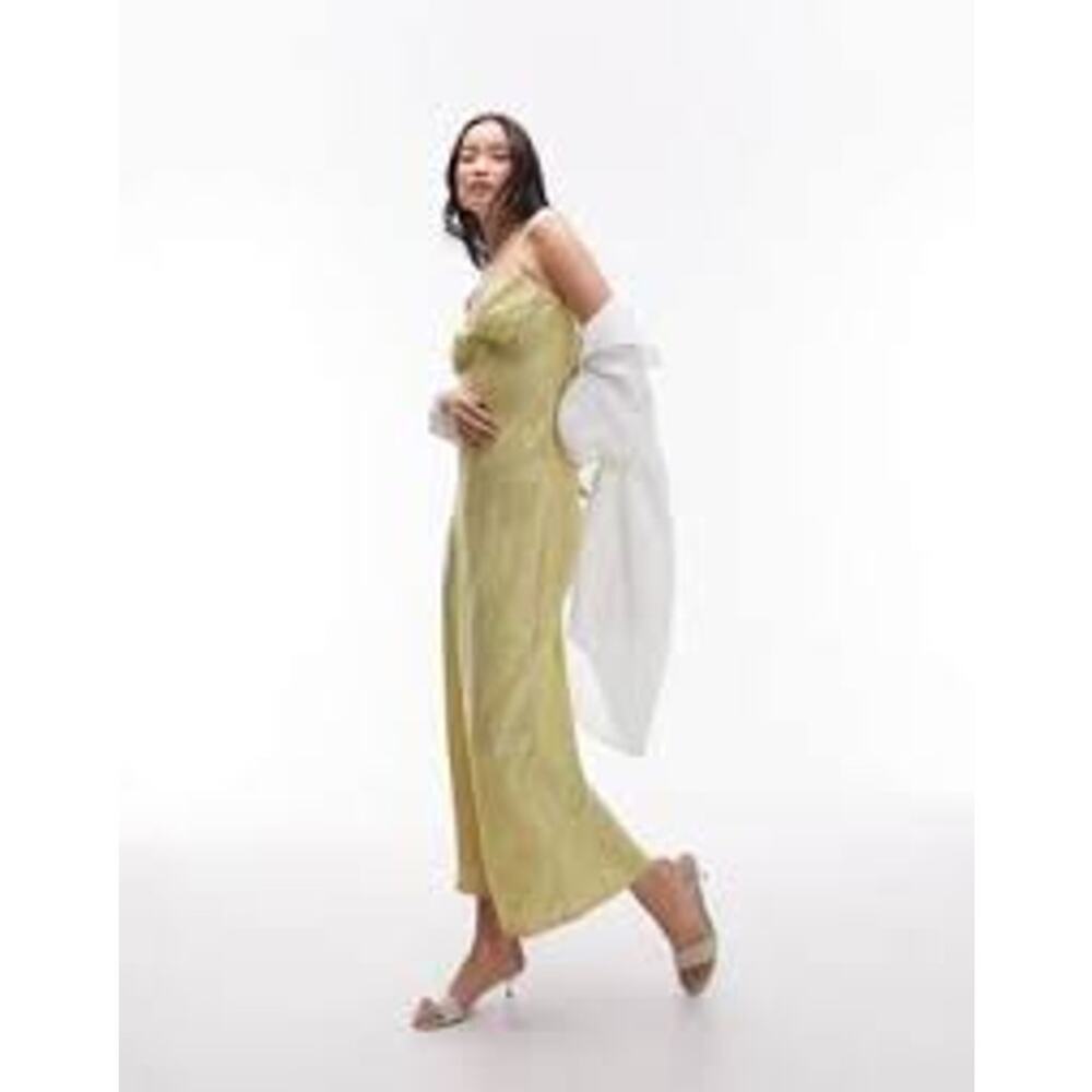 Topshop Midi Slip Jacquard Dress Floral Green Women Size 6